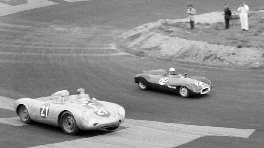 Julius Voigt-Neilsen in 550A-0121 chases Ian Raby in his Cooper Climax at Roskilde, Denmark in September of 1957.