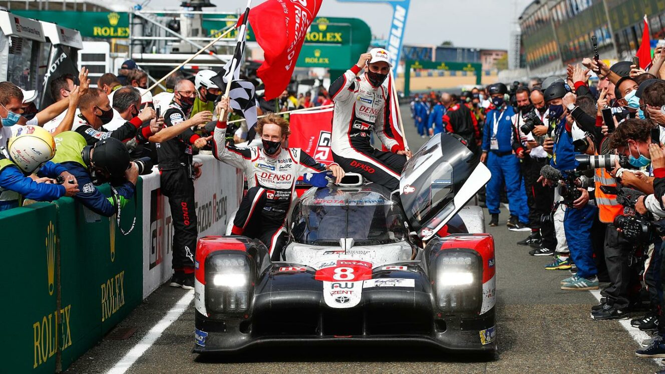 TOYOTA GAZOO Racing. Le Mans 24 Hours World Endurance Championship 16th to 20th September 2020 Le Mans, France Sebastien Buemi (SUI) Brendon Hartley (NZL) Kazuki Nakajima (JPN) Mike Conway (GBR) Jose Maria Lopez (ARG) Kamui Kobayashi (JPN) celebrate on the podium and in parc ferme.