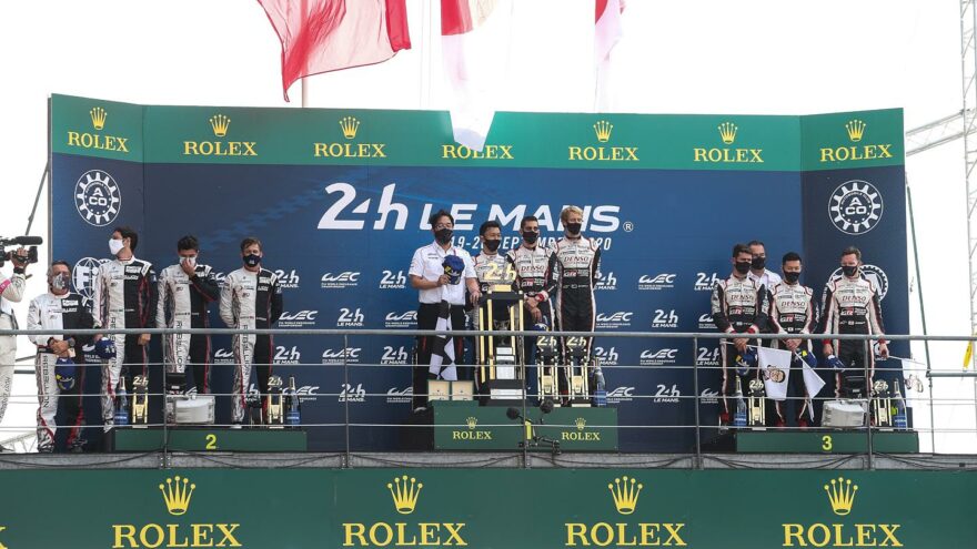 TOYOTA GAZOO Racing. Le Mans 24 Hours World Endurance Championship 16th to 20th September 2020 Le Mans, France Sebastien Buemi (SUI) Brendon Hartley (NZL) Kazuki Nakajima (JPN) Mike Conway (GBR) Jose Maria Lopez (ARG) Kamui Kobayashi (JPN) celebrate on the podium and in parc ferme.